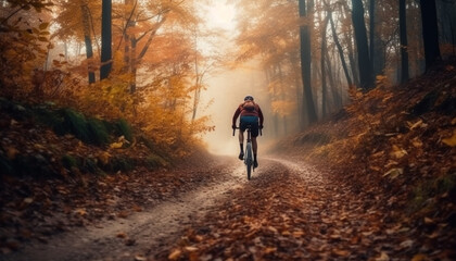 Men and women cycling through autumn forest generated by AI