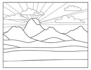 coloring page with mountains landscape