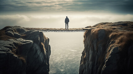 Man about to walk over precipice on SUCCESS word bridge Generative AI