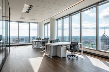 Plakat modern office space with floor-to-ceiling windows offering panoramic views of the city skyline, ergonomic furniture, and state-of-the-art technology for a productive work environment - Generative AI