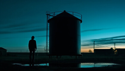 Obraz premium Silhouette of businessman standing near fuel storage tank generated by AI