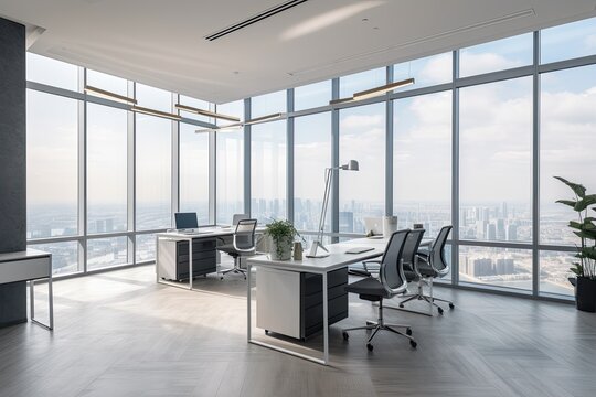 modern office space with floor-to-ceiling windows offering panoramic views of the city skyline, ergonomic furniture, and state-of-the-art technology for a productive work environment - Generative AI