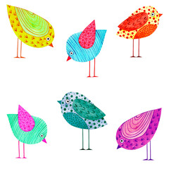 A set of bright birds. Watercolor illustration, children's poster.