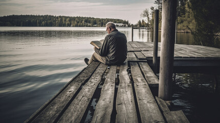 A man sitting on a wooden dock by the lake and reading a book. back view