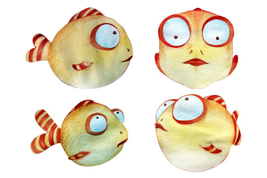 Set of Watercolor illustrations of funny fishes on transparent background. Hand drawn. Colorful