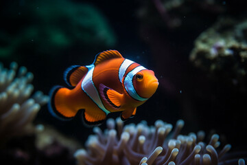 Fototapeta na wymiar clown fish swimming alone underwater Generative AI