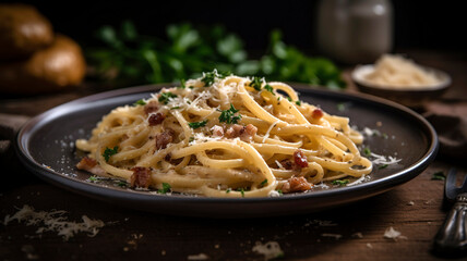 Close-up of a plate of delicious pasta carbonara, garnished with grated parmesan cheese and fresh parsley, set on a rustic table.