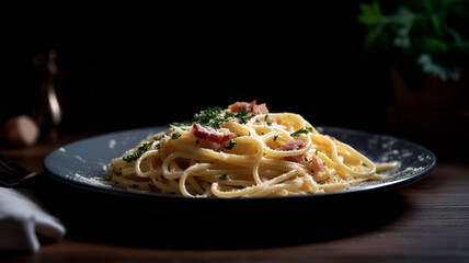 Close-up of a plate of delicious pasta carbonara, garnished with grated parmesan cheese and fresh parsley, set on a rustic table.