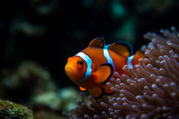 Naklejka na ściany i meble clown fish swimming alone underwater Generative AI