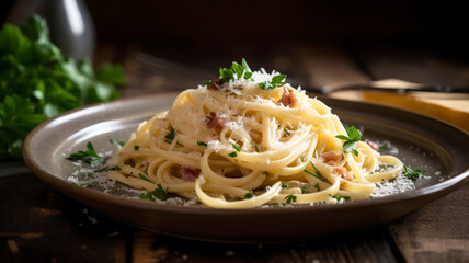 Close-up of a plate of delicious pasta carbonara, garnished with grated parmesan cheese and fresh...