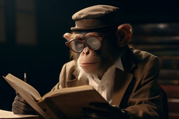 monkey in suit with glasses reading a book cinematic Generative AI