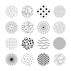Set of black round abstract patterns on white background. Hand drawn doodle shapes. Lines, spots, curves and dots. Modern trendy vector illustration. 