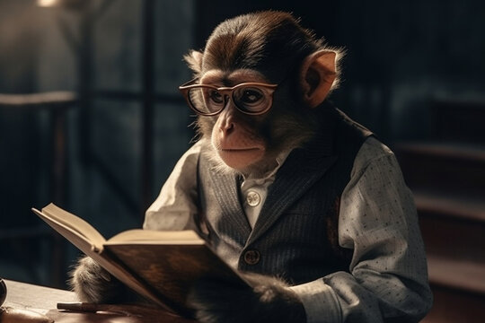 monkey in suit with glasses reading a book cinematic Generative AI