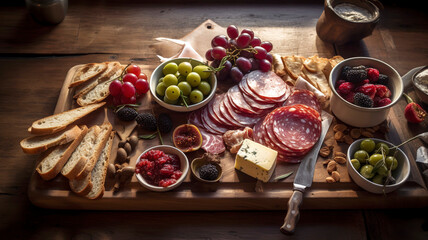 Beautifully arranged charcuterie platter with cured meats, olives, pickles, and artisan bread, set on a wooden cutting board.
