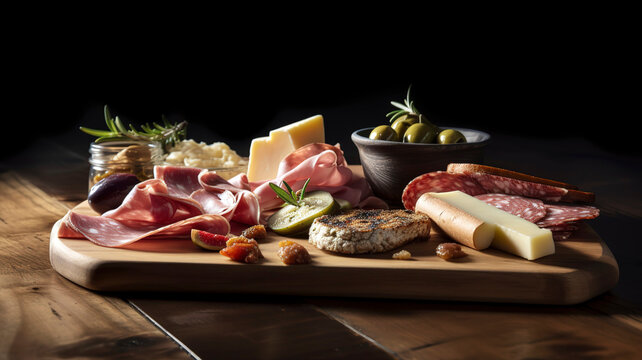 Beautifully arranged charcuterie platter with cured meats, olives, pickles, and artisan bread, set on a wooden cutting board.