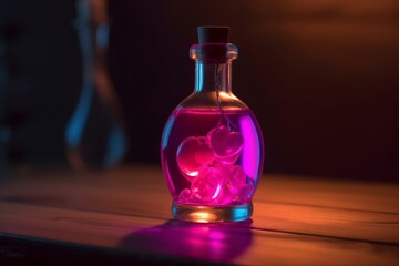 Vibrant Love Potion Bottle on Wooden Table, Neon Lights, St. Valentine's Day, Generative AI