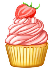 cupcake with cream and strawberry watercolor illustration png cut out