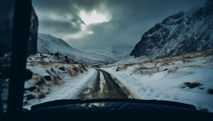 Driving through winter mountains, risky adventure awaits generated by AI