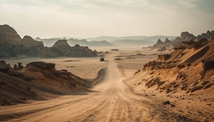 Fototapeta na wymiar Off road vehicle speeds through African sand dunes generated by AI
