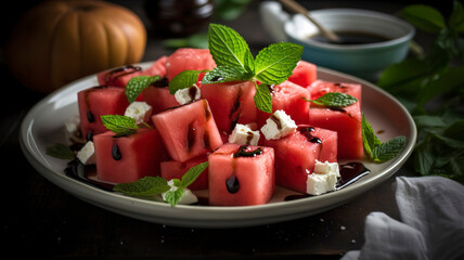 Refreshing Watermelon Feta Salad with Mint and Balsamic Glaze on White Ceramic Plate.