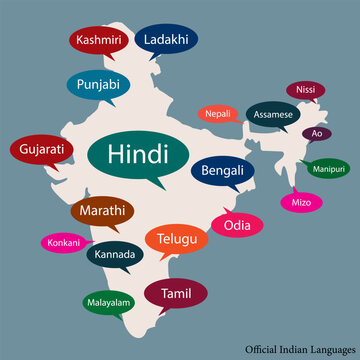 Indian map with  official languages of Indian States Vector illustration