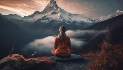 Meditating on mountain peak, surrounded by nature generated by AI