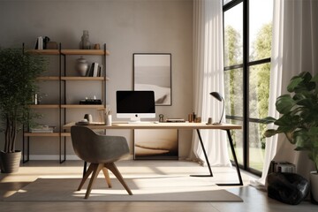 sleek and minimalist home office setup with a sleek desk, ergonomic chair, minimalist decor, and ample natural light, offering a functional and aesthetic workspace - Generative AI