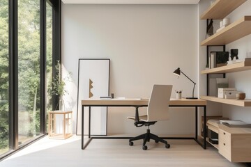 Fototapeta sleek and minimalist home office setup with a sleek desk, ergonomic chair, minimalist decor, and ample natural light, offering a functional and aesthetic workspace - Generative AI obraz