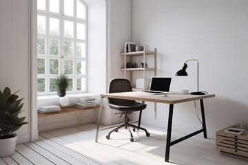 Fototapeta na wymiar sleek and minimalist home office setup with a sleek desk, ergonomic chair, minimalist decor, and ample natural light, offering a functional and aesthetic workspace - Generative AI