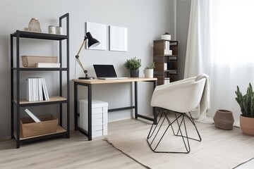 Fototapeta na wymiar sleek and minimalist home office setup with a sleek desk, ergonomic chair, minimalist decor, and ample natural light, offering a functional and aesthetic workspace - Generative AI