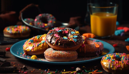 Obraz na płótnie Canvas Multi colored donut with chocolate icing and sprinkles generated by AI