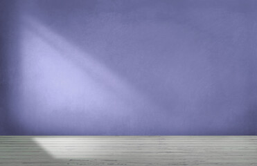 Home interior. Empty room, wooden floor, Purple color painted wall and Texture, banner. 3d illustration. Empty room with sunlight from the window. 3d background or interior. Copy space.
