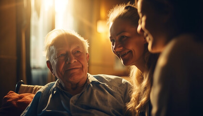 Obraz premium Senior adults embracing, smiling in sunlight outdoors generated by AI
