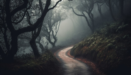 Spooky forest, foggy path, autumn mystery revealed generated by AI