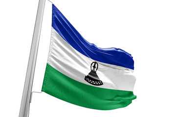 Lesotho national flag cloth fabric waving on beautiful white Background.