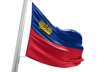 Liechtenstein national flag cloth fabric waving on beautiful white Background.
