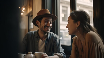 Image Generated AI. Portrait of a young adult couple in a café