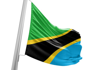 Tanzania national flag cloth fabric waving on beautiful white Background.