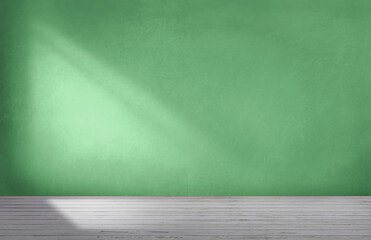 Home interior. Empty room, wooden floor, Green color painted wall and Texture, banner. 3d illustration. Empty room with sunlight from the window. 3d background or interior. Copy space.