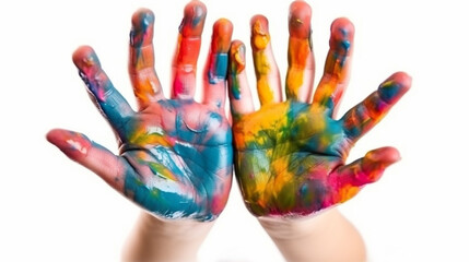 colorful painting child hand on isolated white background