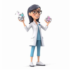 Fototapeta premium Happy female doctor character in full body holding a lot of colorful pills, cartoon style, Generative AI 