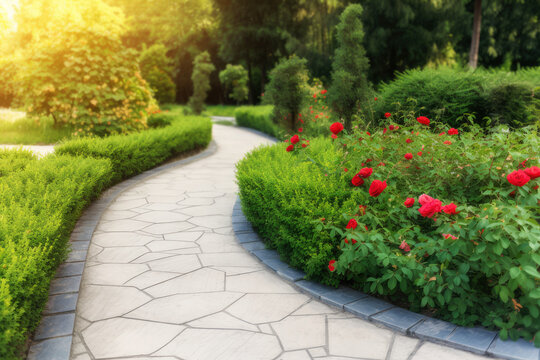 paved path in beautiful landscaped garden. flowerbed with red roses. generative AI