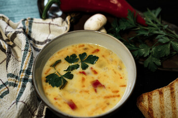 creamy vegetable soup on dark background, rustic village style, rosted bread, garlic, textile napkin