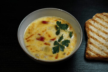 creamy vegetable soup on dark background, rosted toast bread