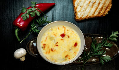 creamy mushroom vegetable soup on dark background, rustic village style, rosted bread, garlic, textile napkin