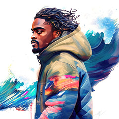 Fototapeta premium Portrait of a young black guy with long hair in watercolor style by Generative AI