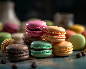 Close-up of an perfect looking delicious assortment of colorful macarons, arranged in a delicate pyramid, set on a marble surface.