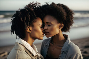 Two beautiful women in love, an Afro American lesbian couple embracing each other on the ocean coast - obrazy, fototapety, plakaty