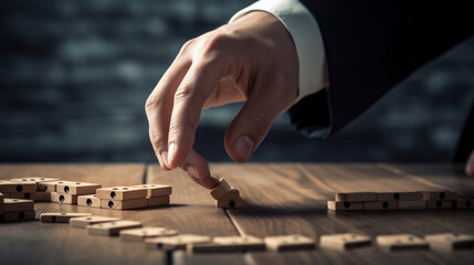 Businesswoman hand stopping the domino wooden effect concept for business