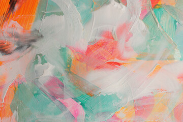 Textured oil and Acrylic smear blot canvas painting wall. Abstract neon pink, green, beige color...